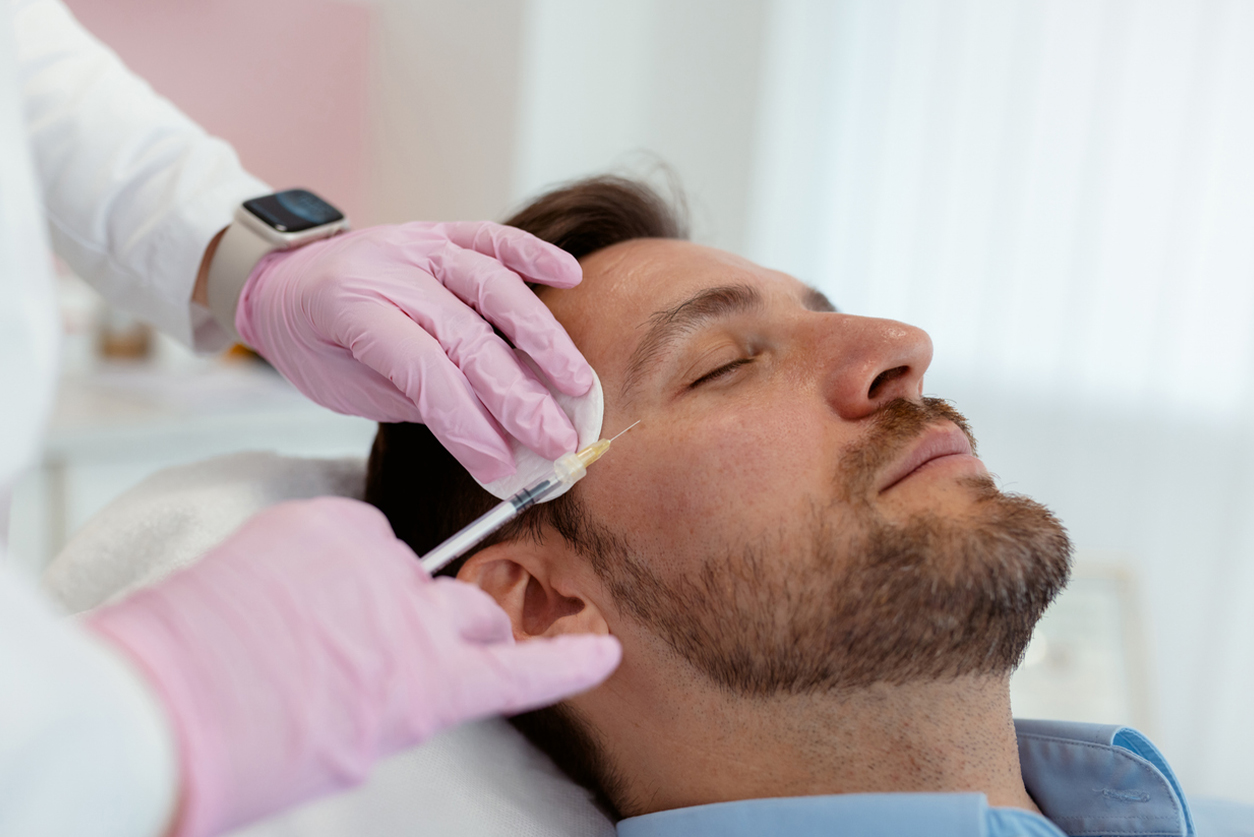 Doctor giving a facial injection to a man lying down in a clinic