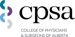 College of Physicians & Surgeons of Alberta logo with teal, purple, and gray linked shapes on black background